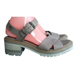 Timberland Platform Sandal 9.5 Taupe Leather Nubuck Open Toe Lug Sole Block Heel